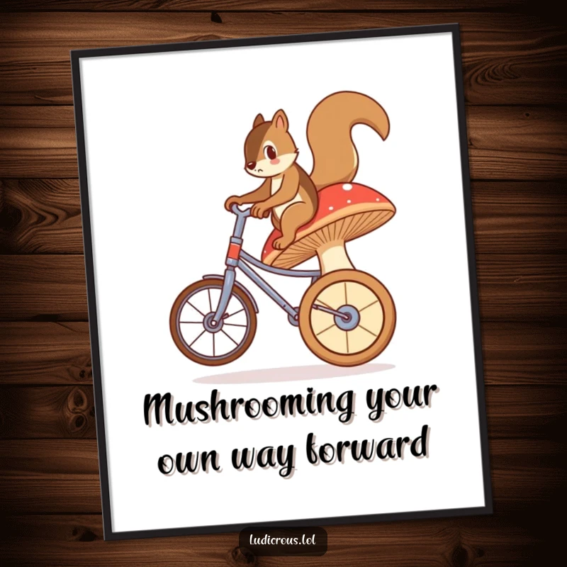 Funny Free Printable Wall Art: A bewildered squirrel comically attempts to ride a giant, unsteady mushroom like a unicycle, a humorous woodland scene.