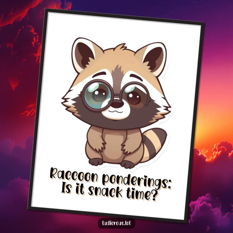 Funny free printable wall art of a curious raccoon sporting a huge monocle, pondering life's mysteries.