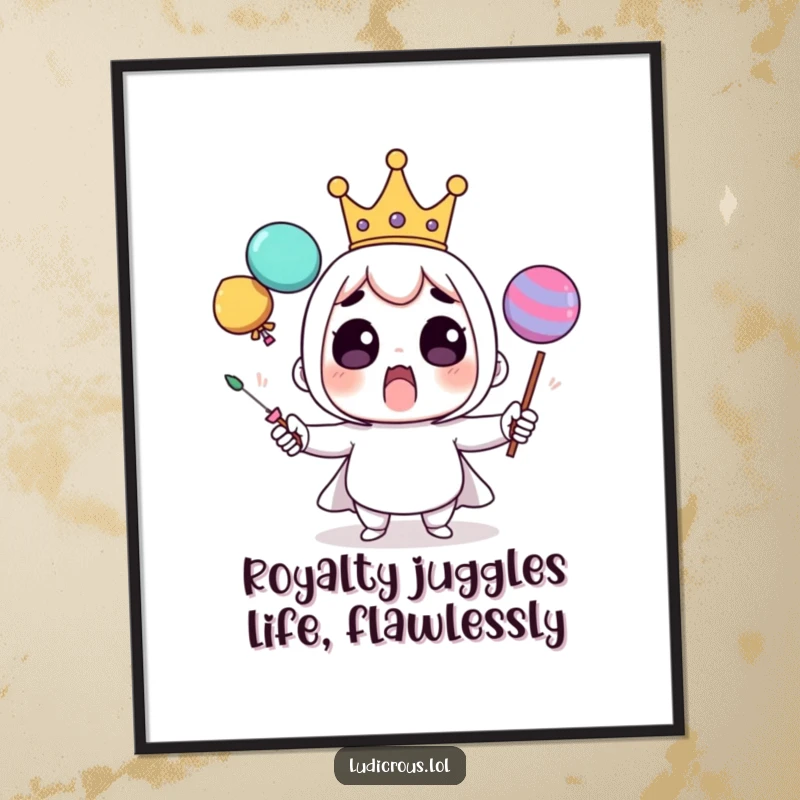 Funny Free Printable Wall Art: A surprised character in a tiny crown comically juggles large, unsteady objects, perfect for humor lovers.
