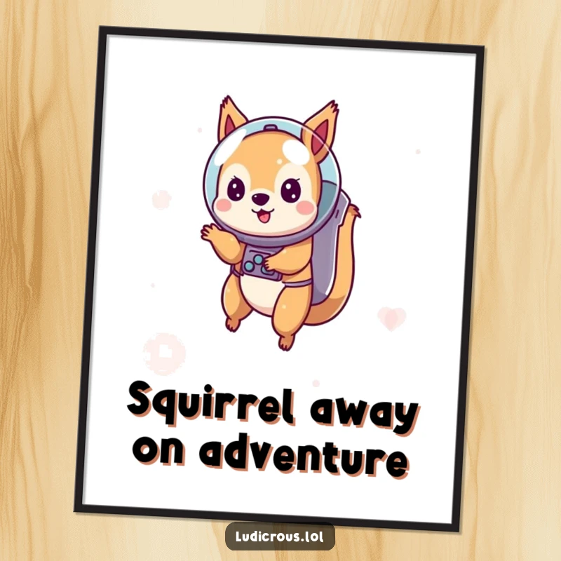 Funny Free Printable Wall Art: A playful squirrel in a tiny astronaut helmet happily floats in outer space.