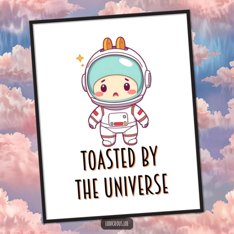Funny Free Printable wall art of a surprised astronaut with a toaster on its head, cosmic humor decor.