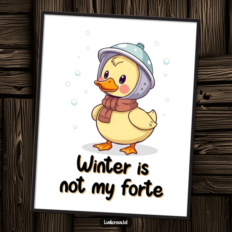 Funny Free Printable Wall Art: A duck wearing a colander helmet tries to catch falling snowflakes, creating a whimsical winter scene.