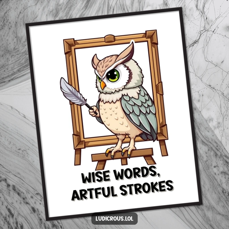 Funny Free Printable Wall Art: A majestic owl is engrossed in painting a picture using its own tail feather.