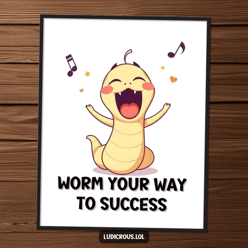 Funny Free Printable Wall Art: A worm with an exaggerated mouth joyfully sings opera. Ideal for music lovers seeking humor.