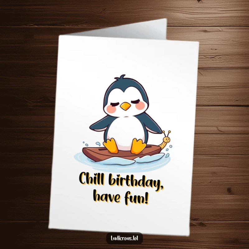 Funny Free Printable Birthday Card: Perplexed penguin waterskiing behind a tiny fast-moving snail, slow and steady race.