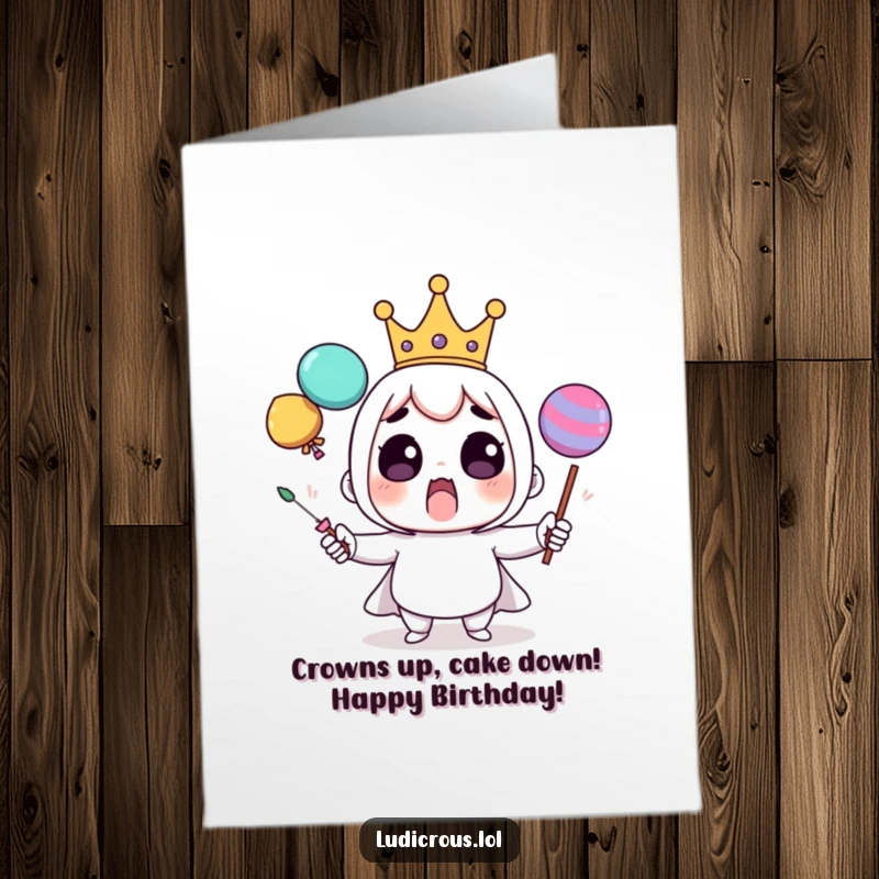 Funny Free Printable Birthday Card: A surprised character in a tiny crown comically juggles oversized, wobbly objects, perfect for gifting.