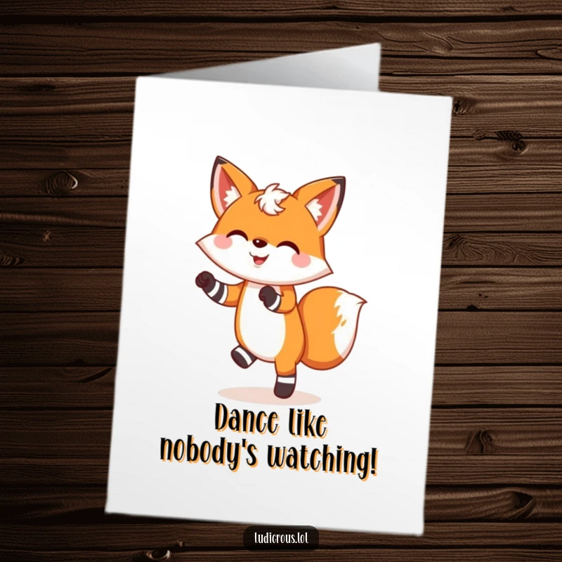 Funny Free Printable Birthday Card: A cheerful fox with a wide grin performs a silly dance in bright, mismatched socks.
