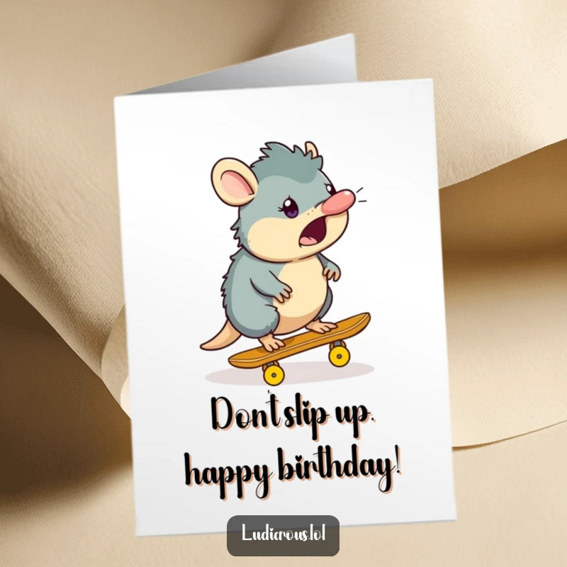 Funny free printable birthday card: A surprised platypus tries to skateboard on a solitary banana peel.