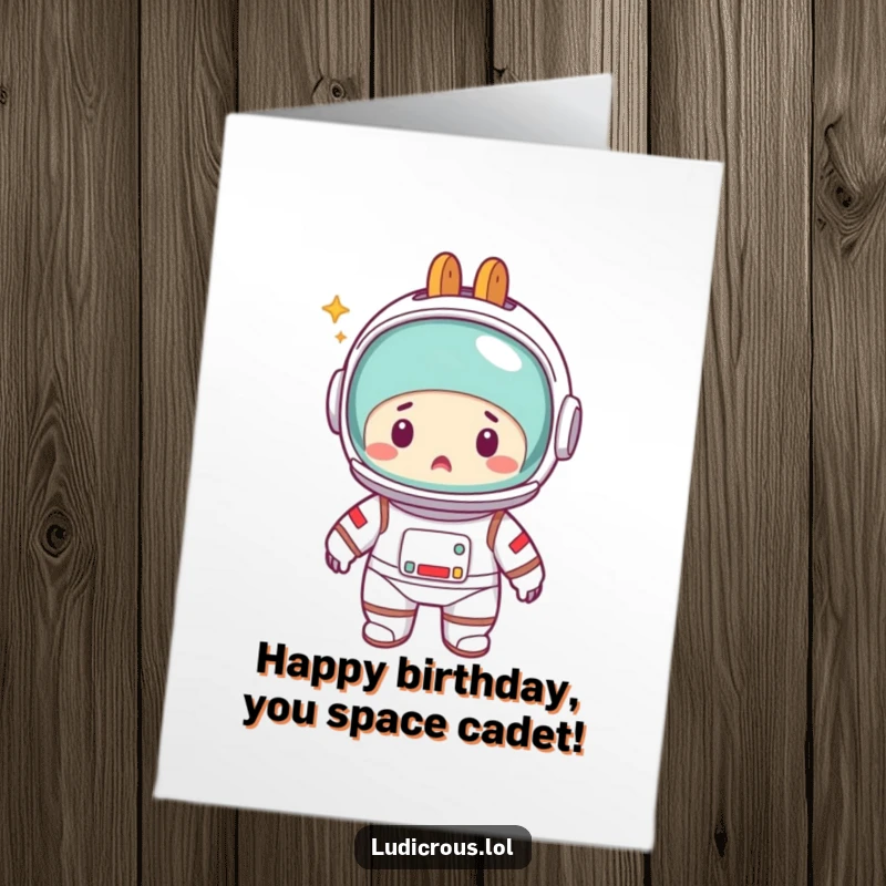Funny Free Printable birthday card showing a surprised astronaut with a toaster on its head, space mishap.