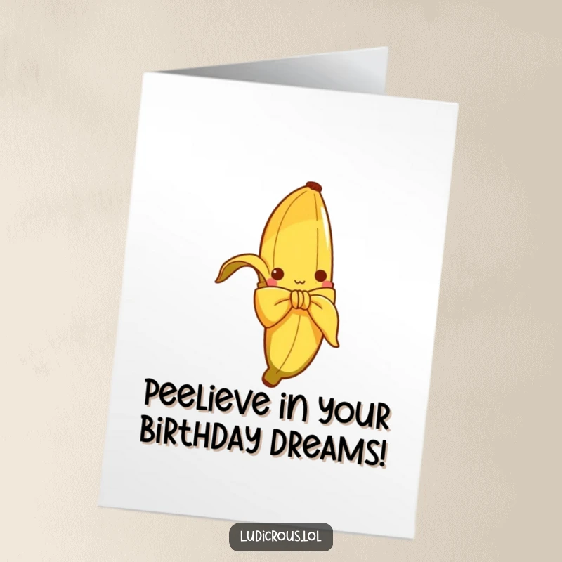 Funny Free Printable Birthday Card: A curious banana peel hilariously attempts to tie itself into a birthday bow, ready to be printed.