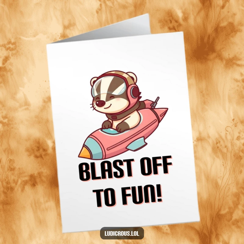 Funny Free Printable Birthday Card: Badger in a helmet piloting a huge rocket, ready for a birthday blast.