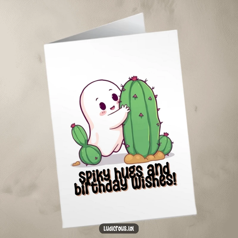Funny Free Printable Birthday Card: Ghost tries to hug a spiky cactus, hilariously failing. DIY downloadable gift.