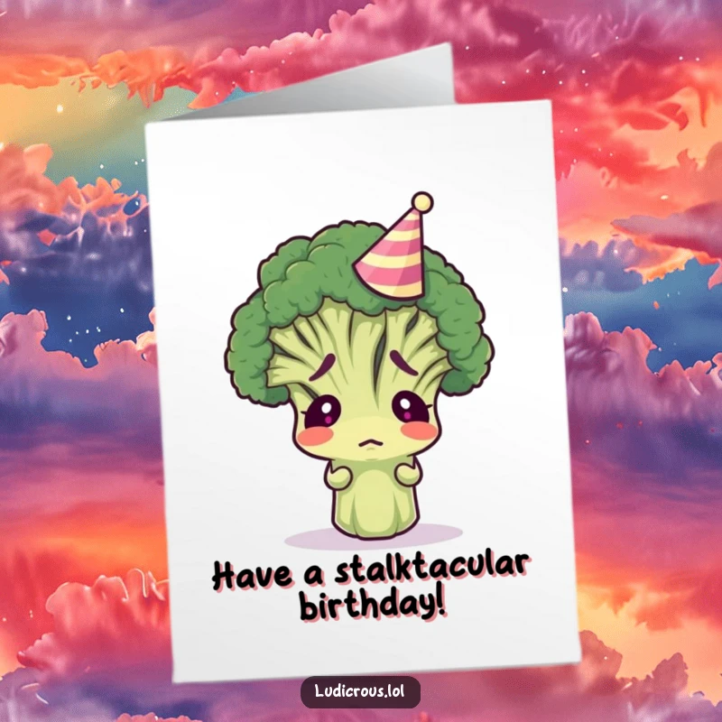 Funny Free Printable Birthday Card: Bewildered broccoli floret wearing a tiny party hat, confused about the celebration.
