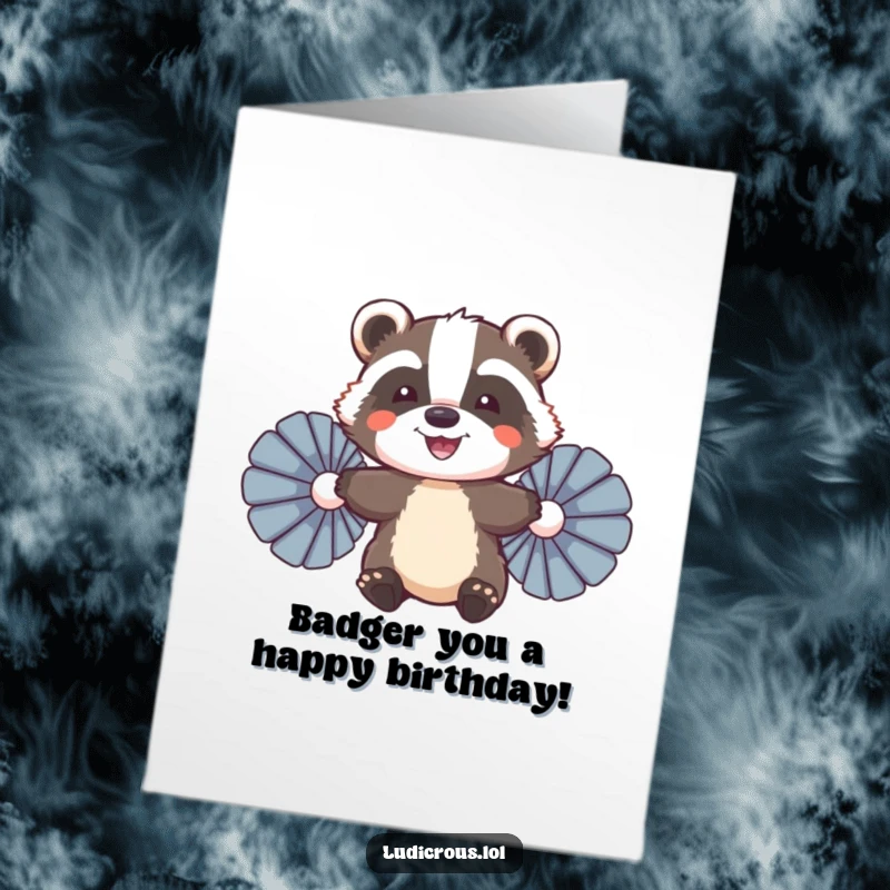 Funny Free Printable Birthday Card: A smiling badger amusingly wields two giant feather fans, attempting to take flight.