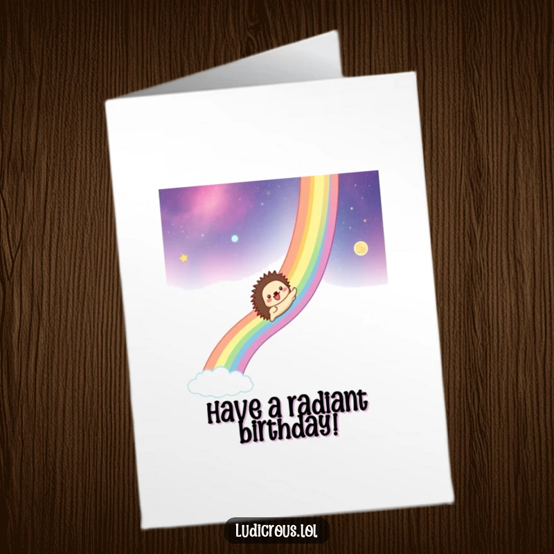 Funny Free Printable Birthday Card: A happy hedgehog gleefully slides down a cosmic rainbow, celebrating with stellar joy.