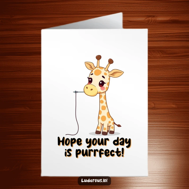 Funny free printable birthday card: A wobbly giraffe clumsily tries to thread a needle with its long neck.