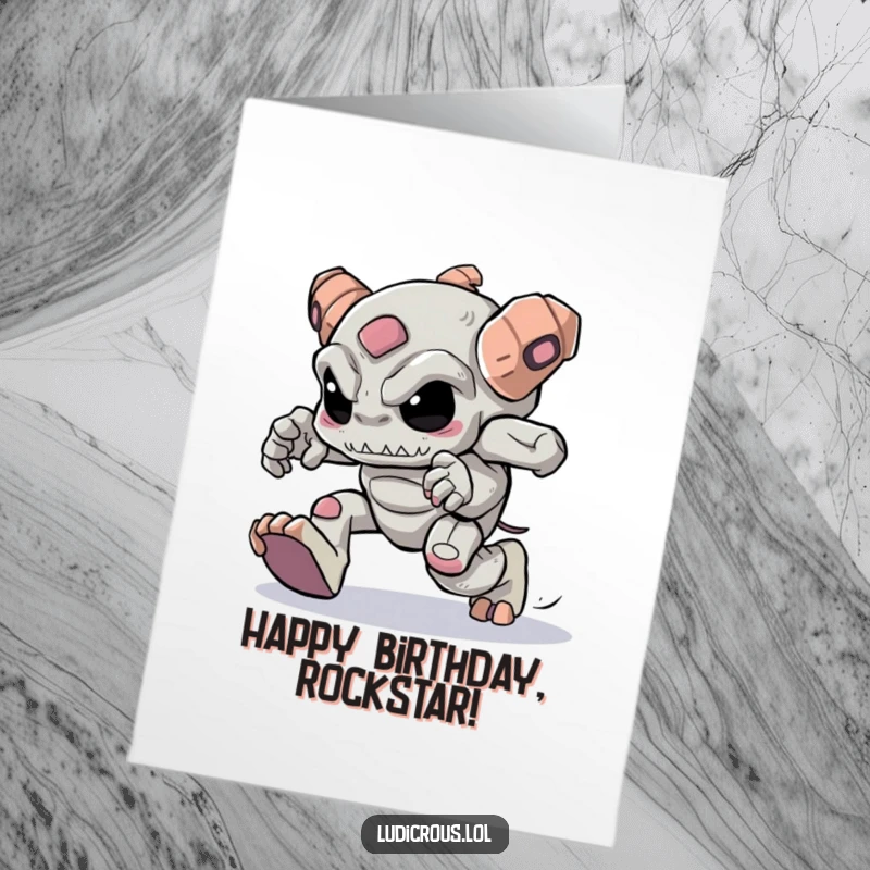Funny Free Printable Birthday Card: A determined golem struggles to skip with comically heavy feet, celebrating a birthday.