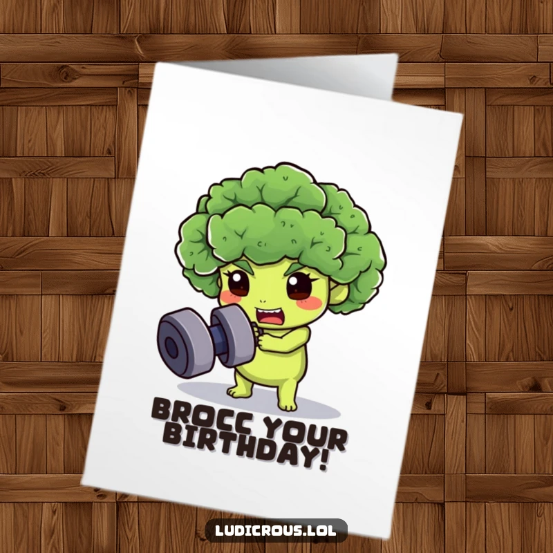 Funny free printable birthday card showing a determined broccoli floret character straining to lift a heavy dumbbell.