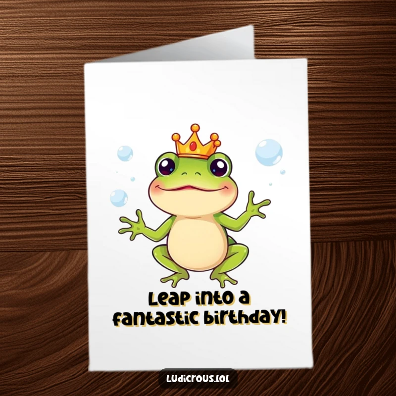 Funny Free Printable Birthday Card: Silly frog wearing a tiny crown juggles slippery soap bubbles, whimsical and fun.