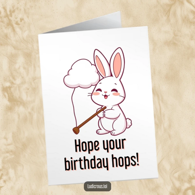 Funny Free Printable Birthday Card: Cheerful rabbit uses a comically long pole to gently pet a fluffy cloud, wishing a happy birthday.