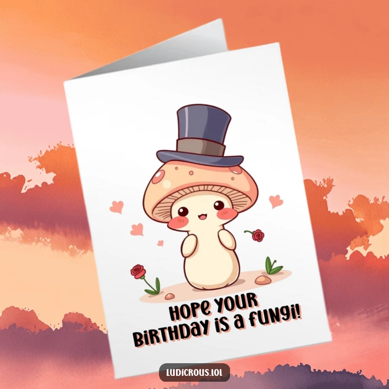 Funny Free Printable birthday card of a blushing mushroom wearing a top hat, looking embarrassed while trying to magically disappear.