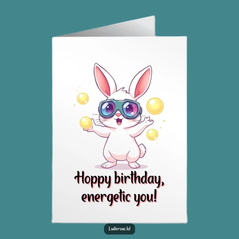 Free Printable Birthday Card: Goggled Rabbit Juggling Funny Downloadable Gift