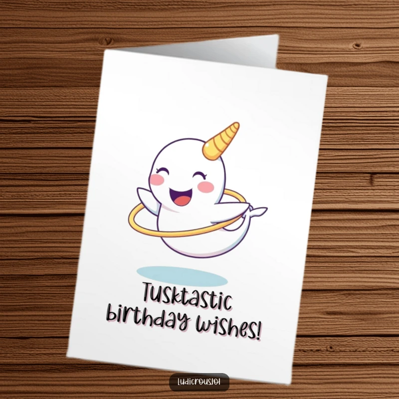 Funny free printable birthday card featuring a chuckling narwhal trying to hula hoop with its tusk.