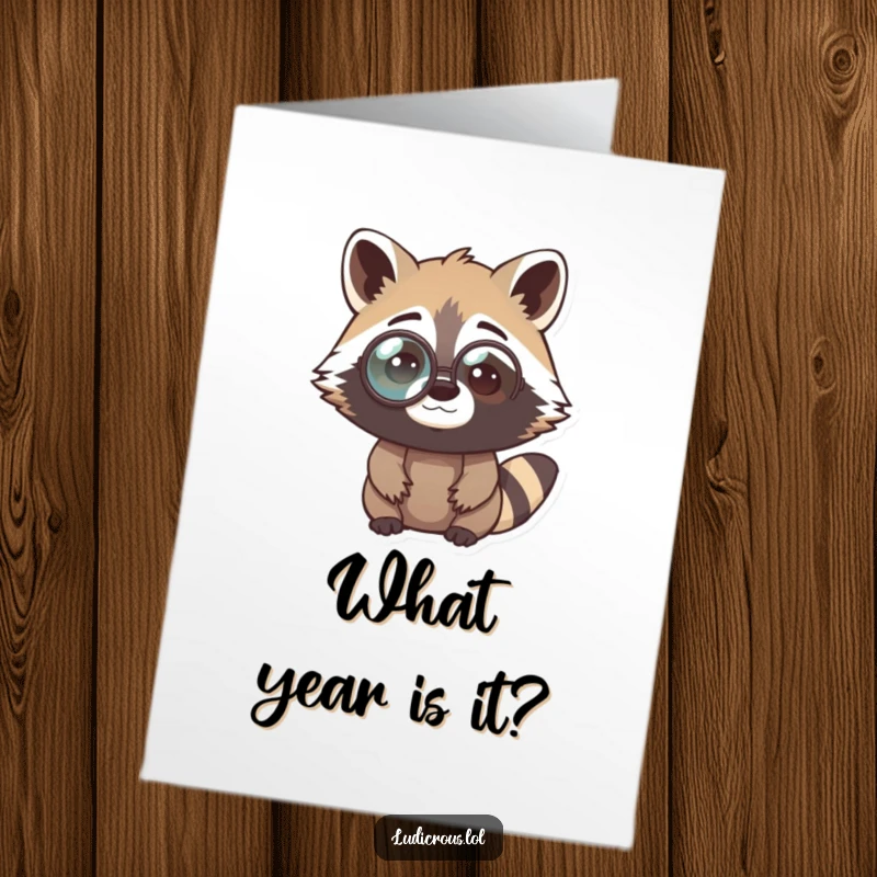 Funny free printable birthday card featuring a curious raccoon wearing a comically large monocle, looking utterly confused.