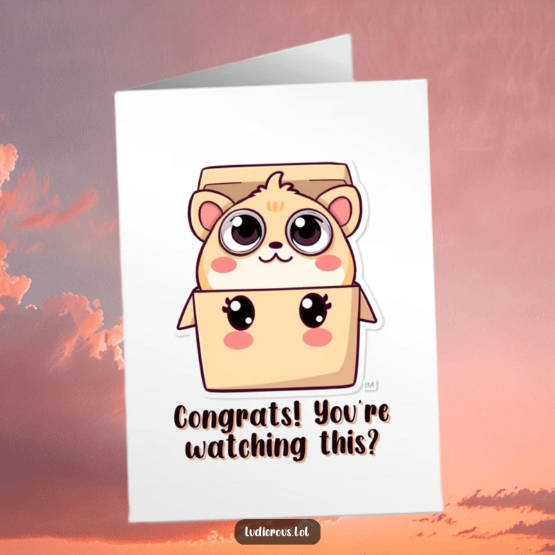 Free Printable congratulations card featuring a playful creature with numerous eyes peeking from a tiny box, celebrating.