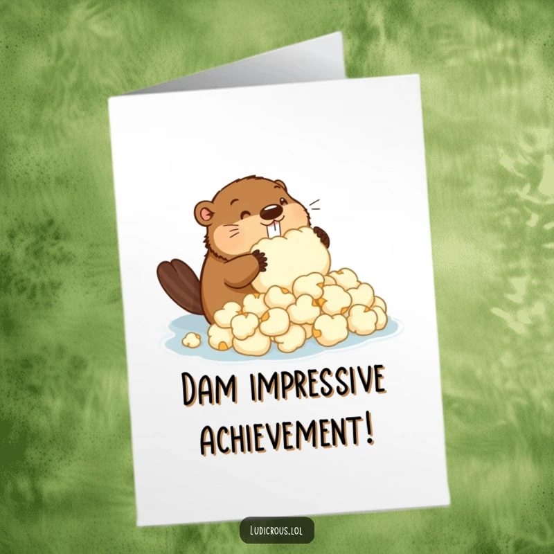 Funny Free Printable Congrats Card: A focused beaver is constructing a dam using oversized popcorn pieces.
