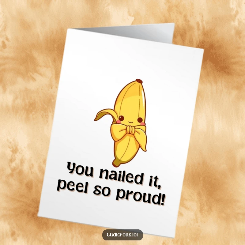 Funny Free Printable Congrats Card: A curious banana peel attempts to tie itself into a celebratory bow, perfect for sharing achievements.