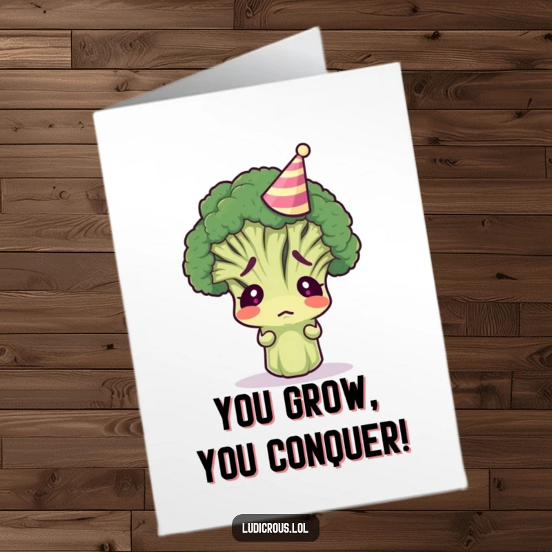 Funny Free Printable Congratulations Card: Bewildered broccoli floret in a party hat, confused but celebrating.