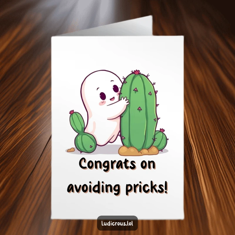 Funny Free Printable Congratulations Card: Ghost attempts a hug on a prickly cactus with comical results. Downloadable gift.