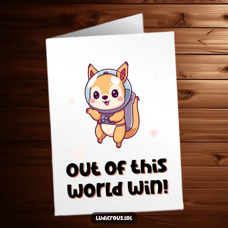 Funny Free Printable Congratulations Card: Playful squirrel astronaut floats in space, celebrating a big achievement.