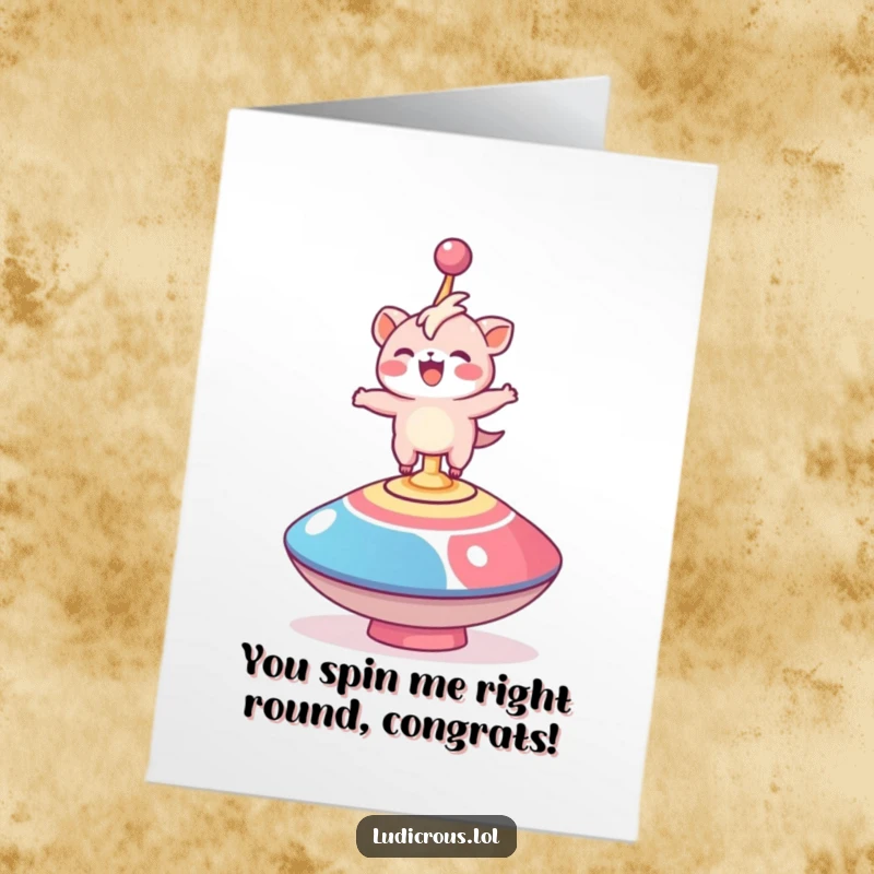 Funny Free Printable Congrats Card: A delighted creature attempts to balance on a huge, rapidly spinning top, perfect for celebrating.