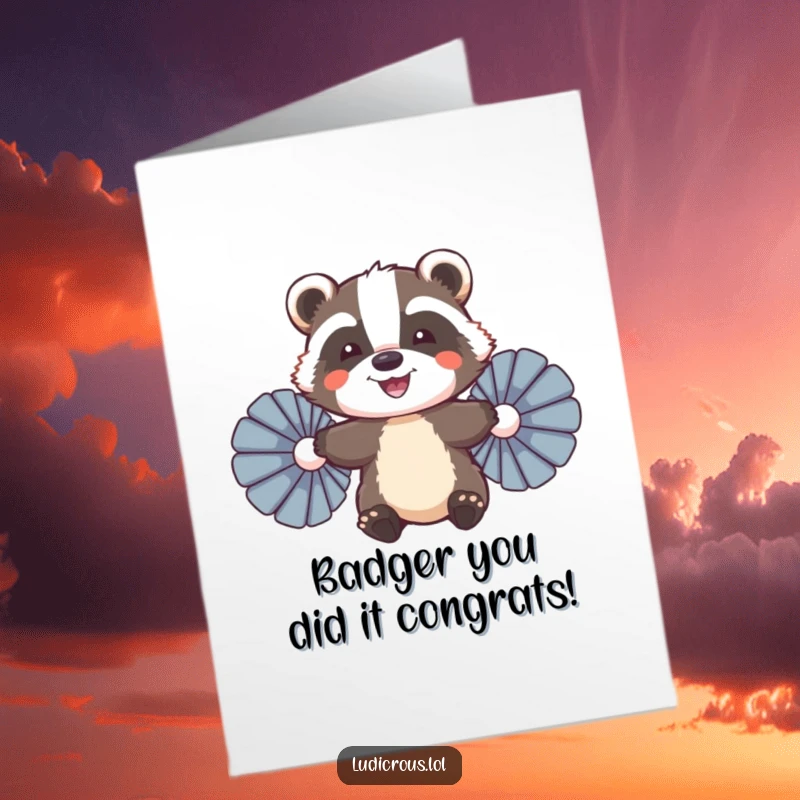 Funny Free Printable Congratulations Card: A determined badger smiles while trying to fly with two large feather fans.