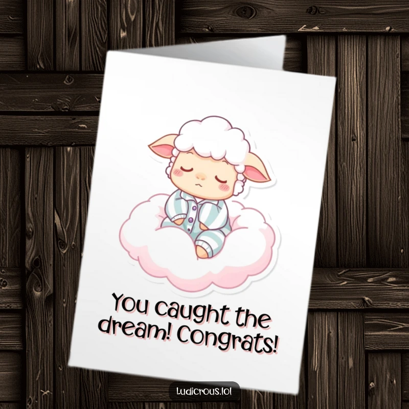 Free Printable Congratulations Card: A sleepy sheep in pajamas snoozes on a fluffy cotton candy cloud, perfect for gentle well wishes.