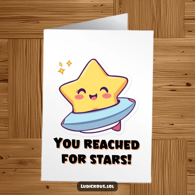Funny Free Printable Congrats Card: A cheerful star winks and morphs into a tiny spaceship, celebrating a successful voyage.