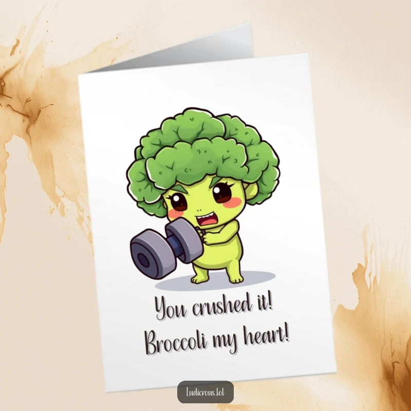 Funny free printable congratulations card of a determined broccoli floret character attempting to lift a heavy dumbbell.