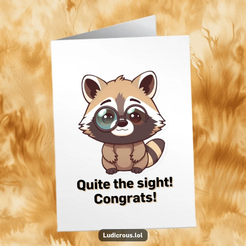 Funny free printable congratulations card showing a raccoon in an oversized monocle, appearing perplexed by success.