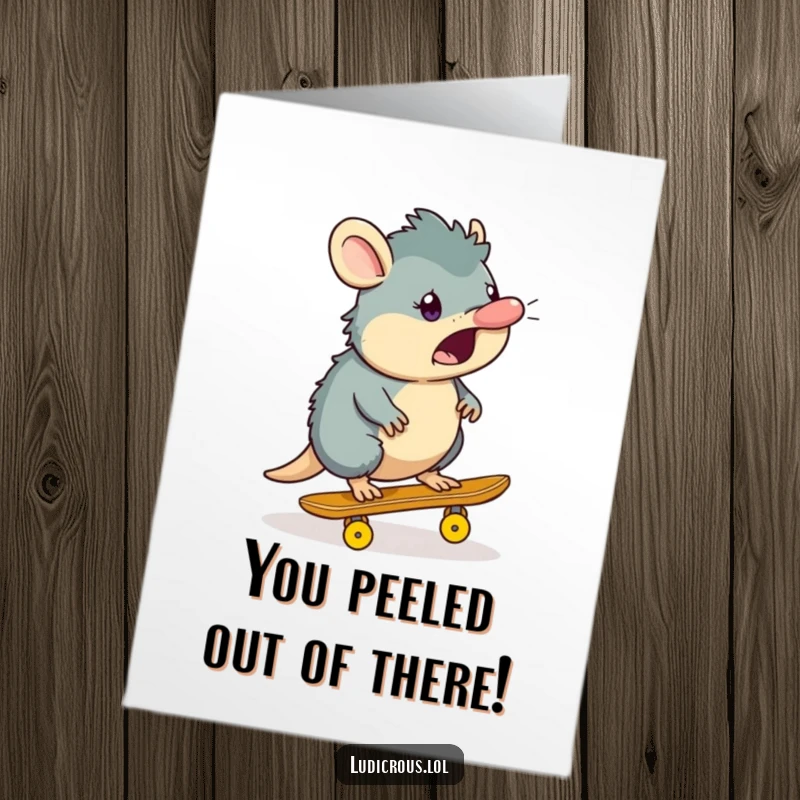 Funny free printable congratulations card featuring a platypus attempting to skateboard on a banana peel.