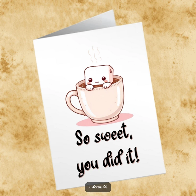 Funny Free Printable Congrats Card: A shy marshmallow hides within a steaming mug of hot chocolate, celebrating sweet success.