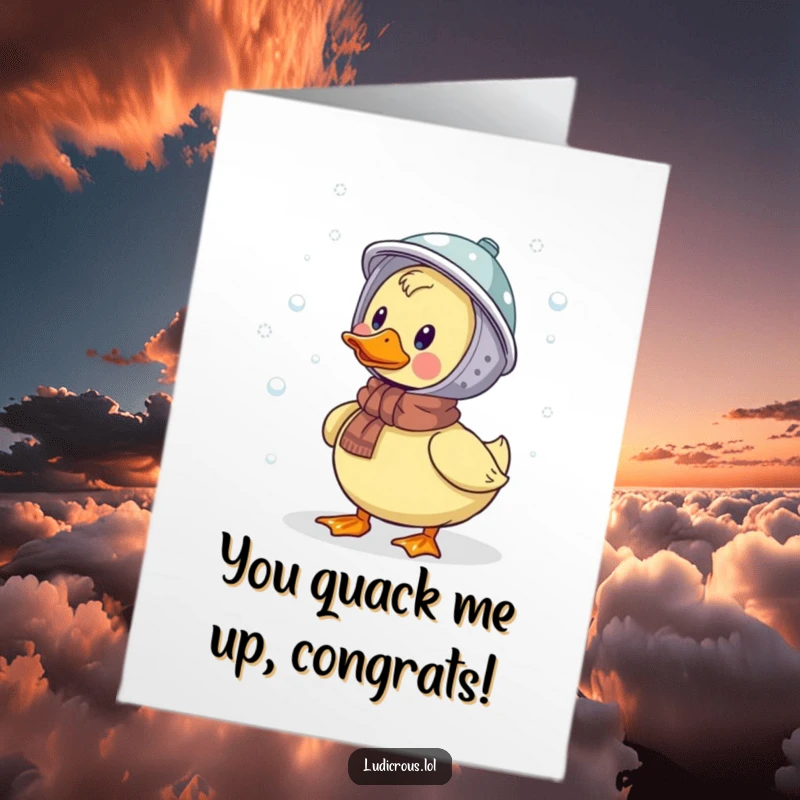 Funny Free Printable Congratulations Card: A duck wearing a colander helmet celebrates a chilly win, catching success like snowflakes.