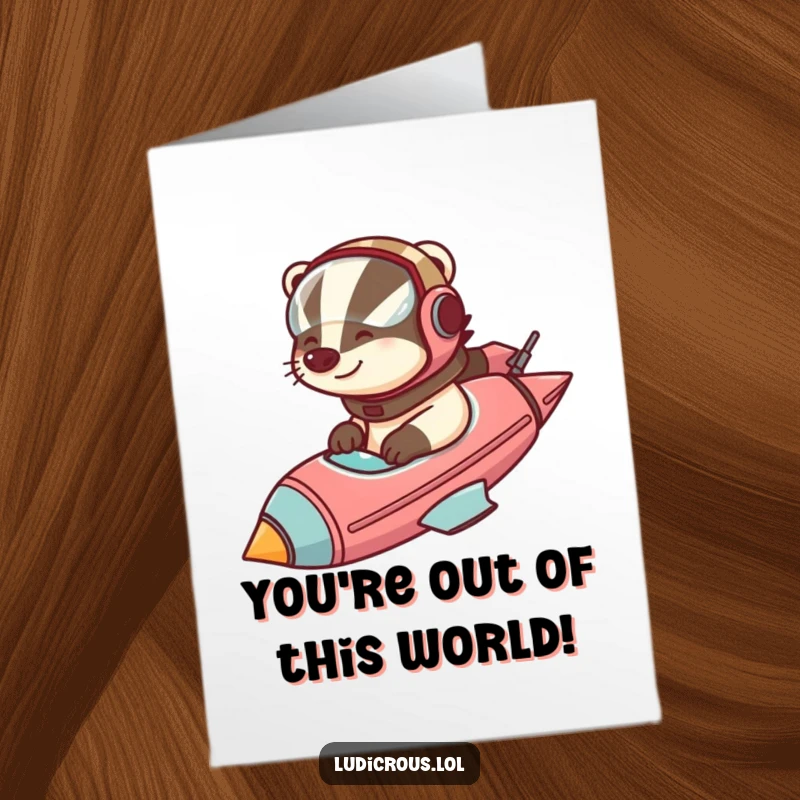 Funny Free Printable Congratulations Card: Badger wearing a helmet, piloting a massive rocket, celebrating an achievement.