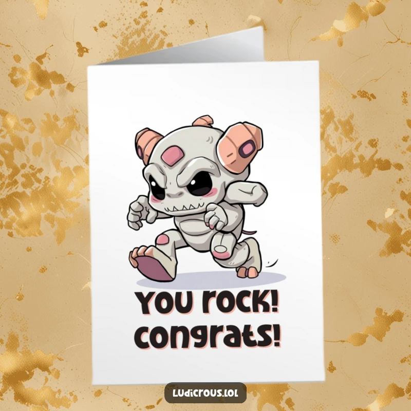 Funny Free Printable Congratulations Card: A determined golem attempts to skip with heavy feet, marking an achievement.