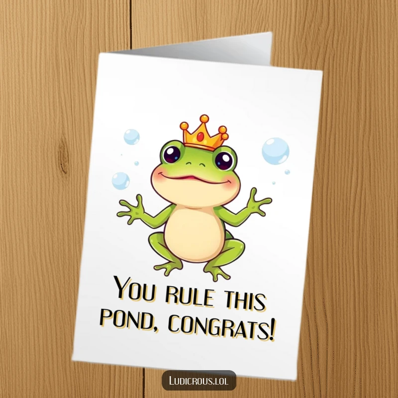 Funny Free Printable Congrats Card: Silly frog wearing a tiny crown juggles slippery soap bubbles, celebrating an achievement.