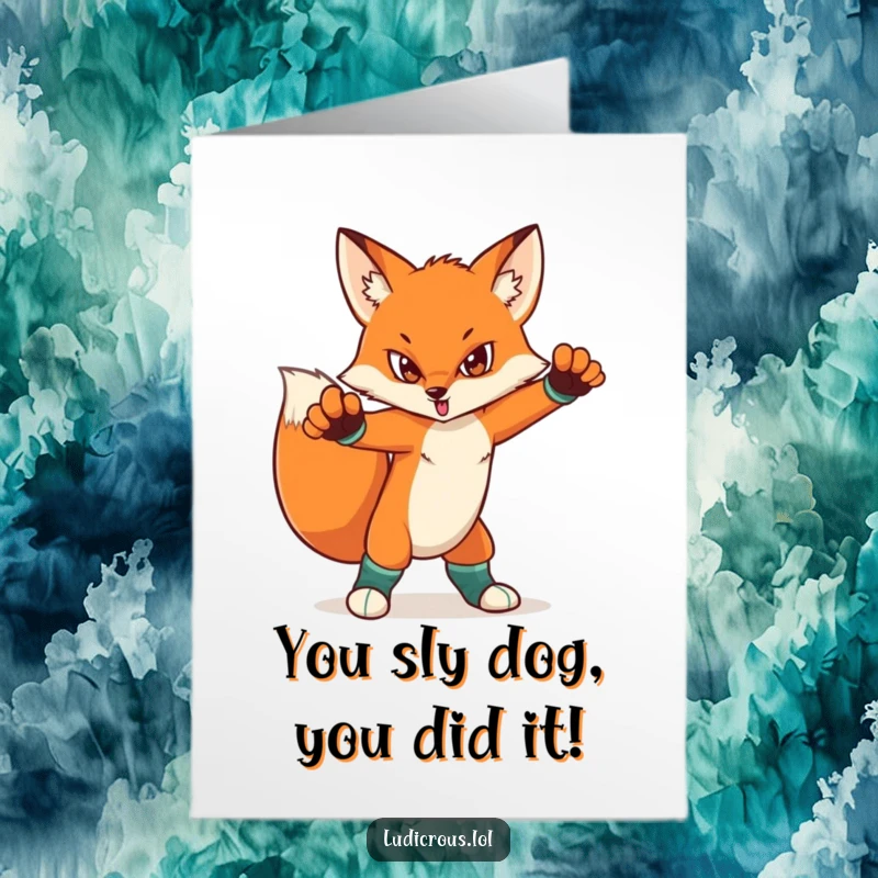 Funny Free Printable Congratulations Card: A stylish fox with intentionally mismatched socks poses dramatically, celebrating a well-deserved victory.