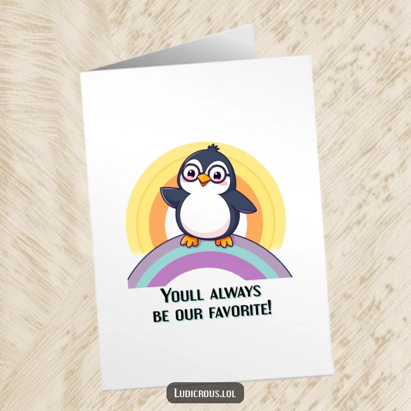 Funny Free Printable Congratulations Card: A penguin with a monocle slides joyfully down a colorful rainbow.