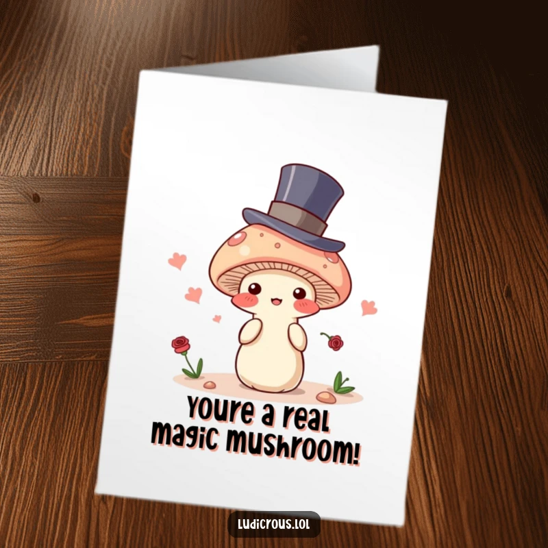 Free Printable congratulations card featuring a blushing mushroom in a top hat attempting a magic disappearing trick. A whimsical funny greeting.