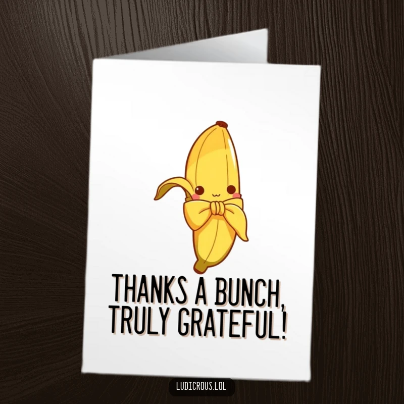 Funny Free Printable Thank You Card: A curious banana peel fashions a bow, conveying thanks with unexpected humor for easy gifting.